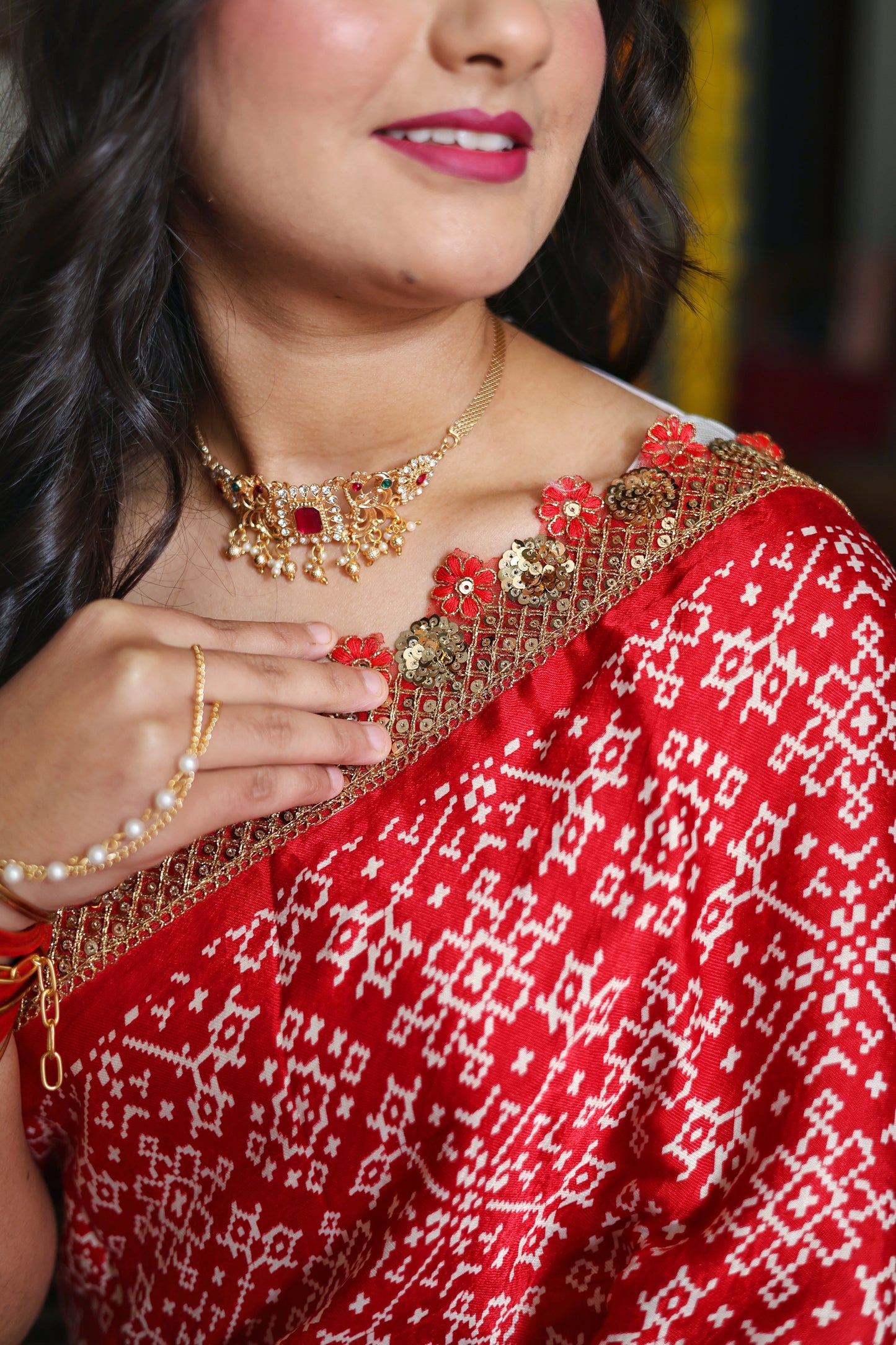 Red pure Gazzi silk saree with chunri print
