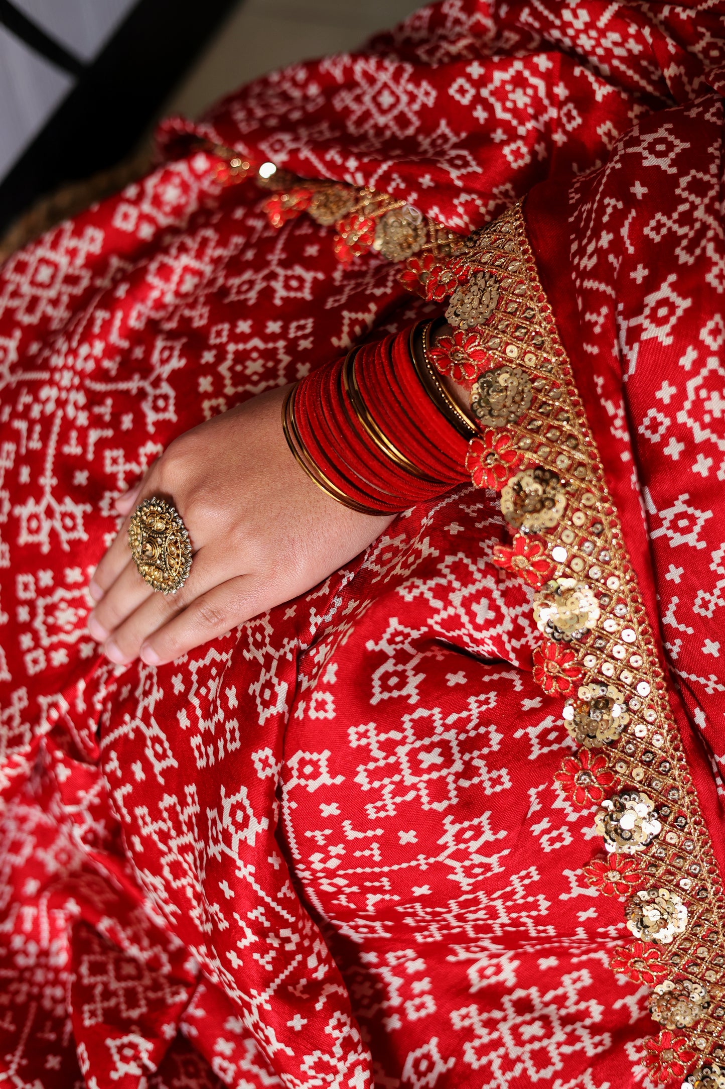 Red pure Gazzi silk saree with chunri print
