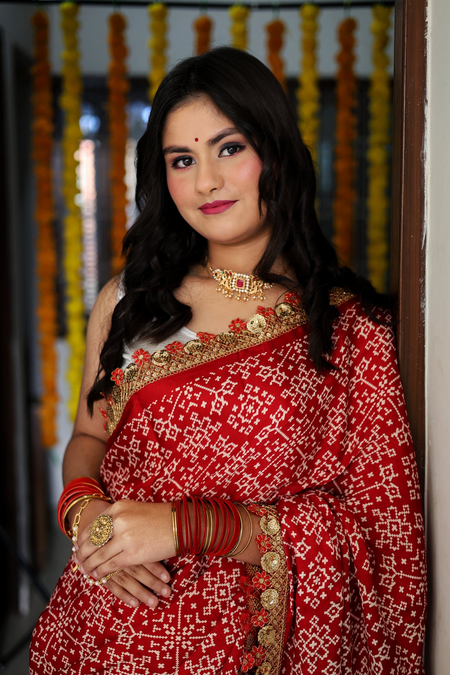 Red pure Gazzi silk saree with chunri print