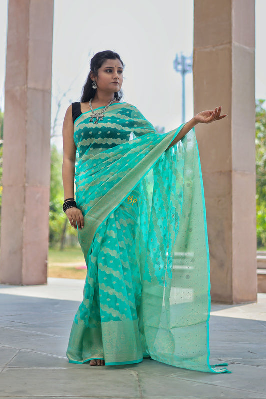 Blue handwoven banarasi organa saree with golden zari weaving