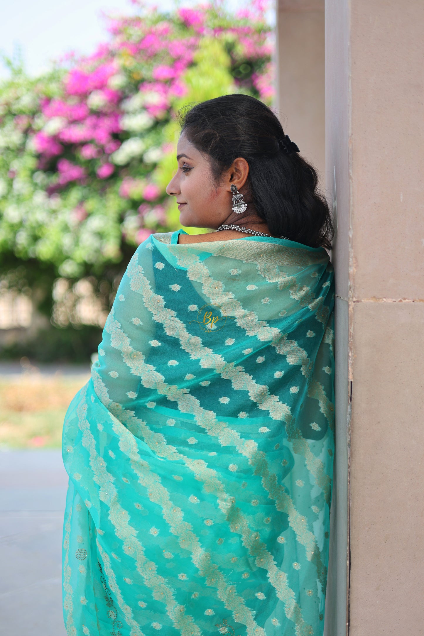 Blue handwoven banarasi organa saree with golden zari weaving