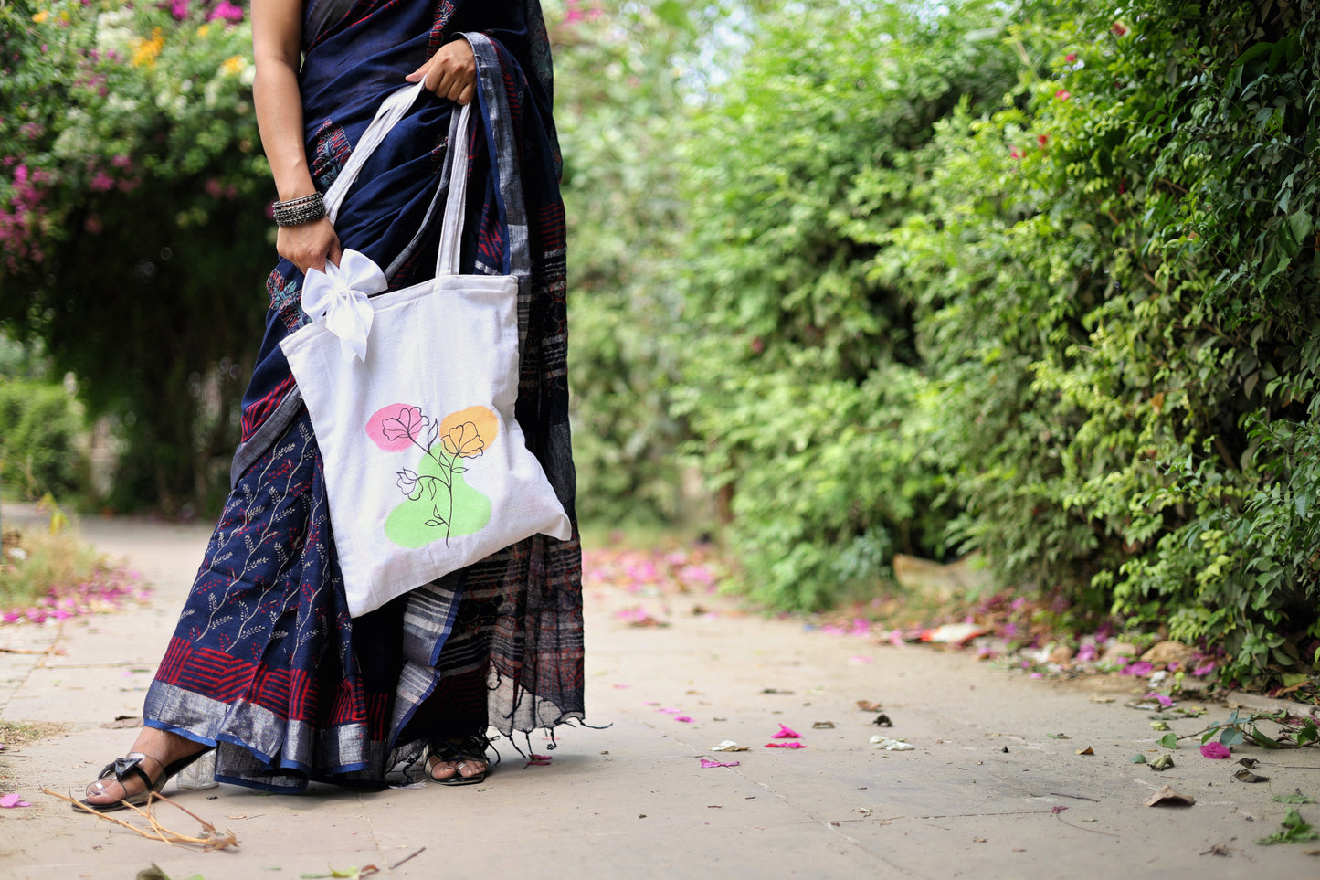 Banarasi Poshaak white hand painted floral zipped totes