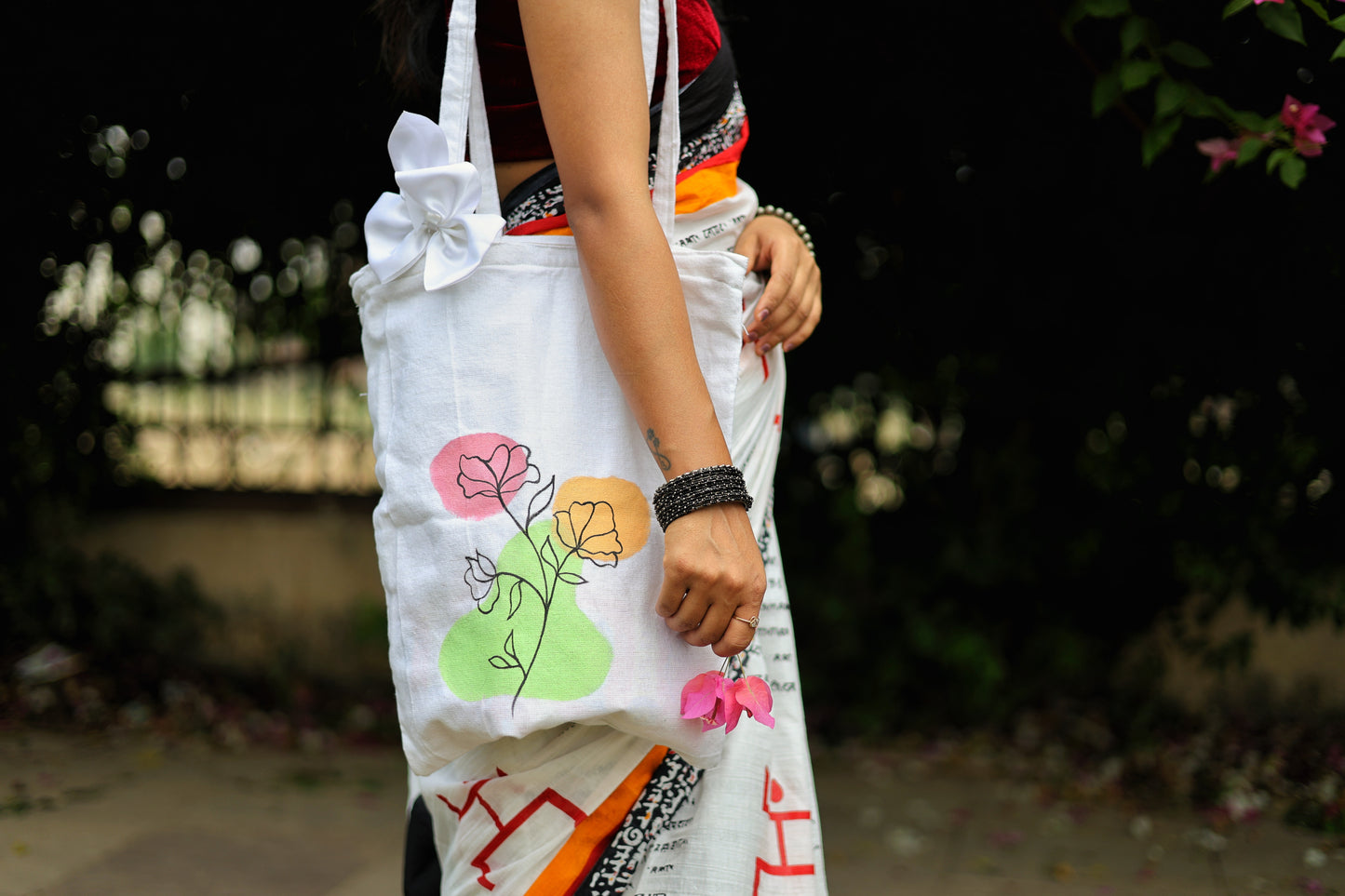 Banarasi Poshaak white hand painted floral zipped totes