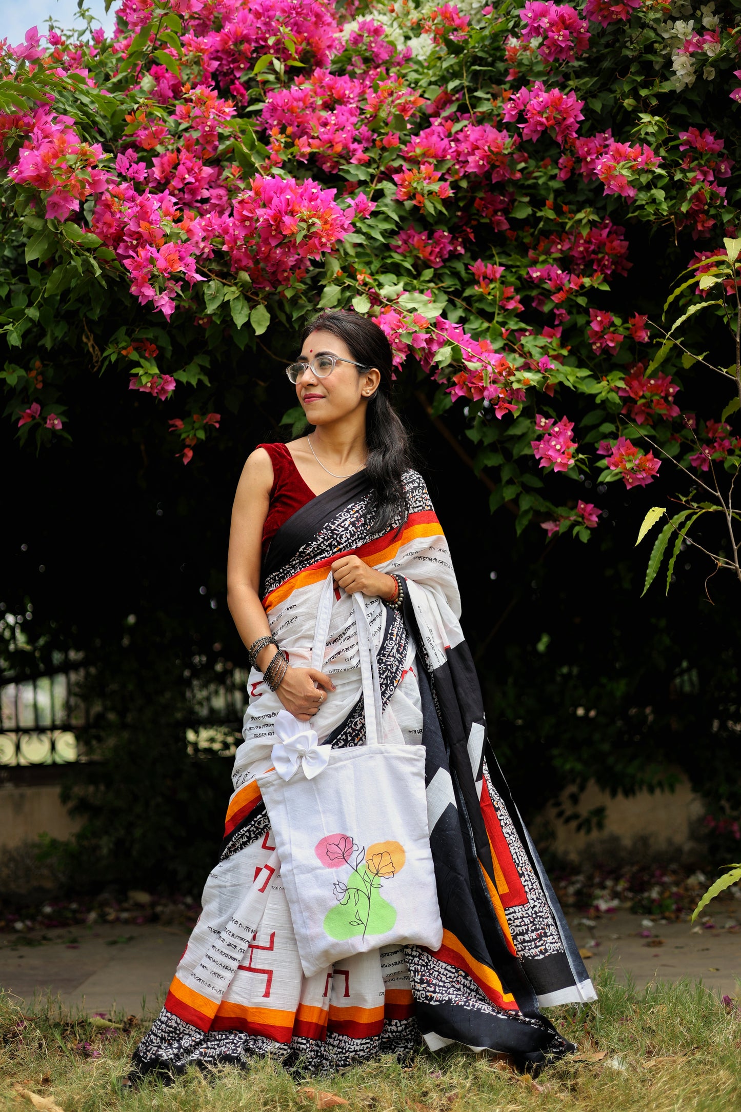 Banarasi Poshaak white hand painted floral zipped totes