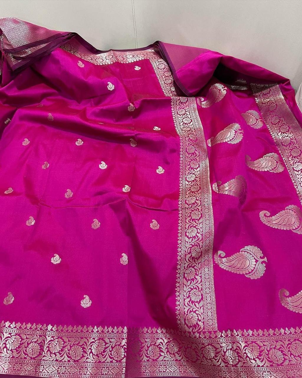 Beautiful red colour handwoven banarasi silk saree with small golden zari buti weaving.