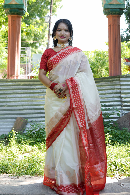 Red white handwoven banarasi saree with silver zari weaving