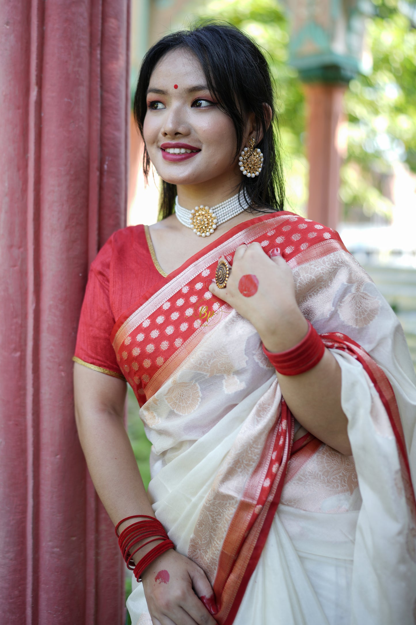 Red white handwoven banarasi saree with silver zari weaving