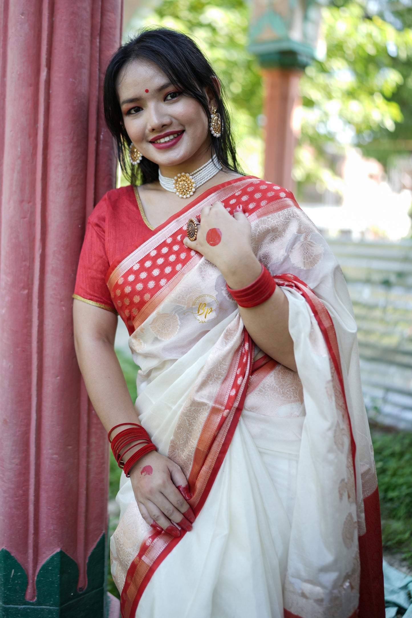 Red white handwoven banarasi saree with silver zari weaving