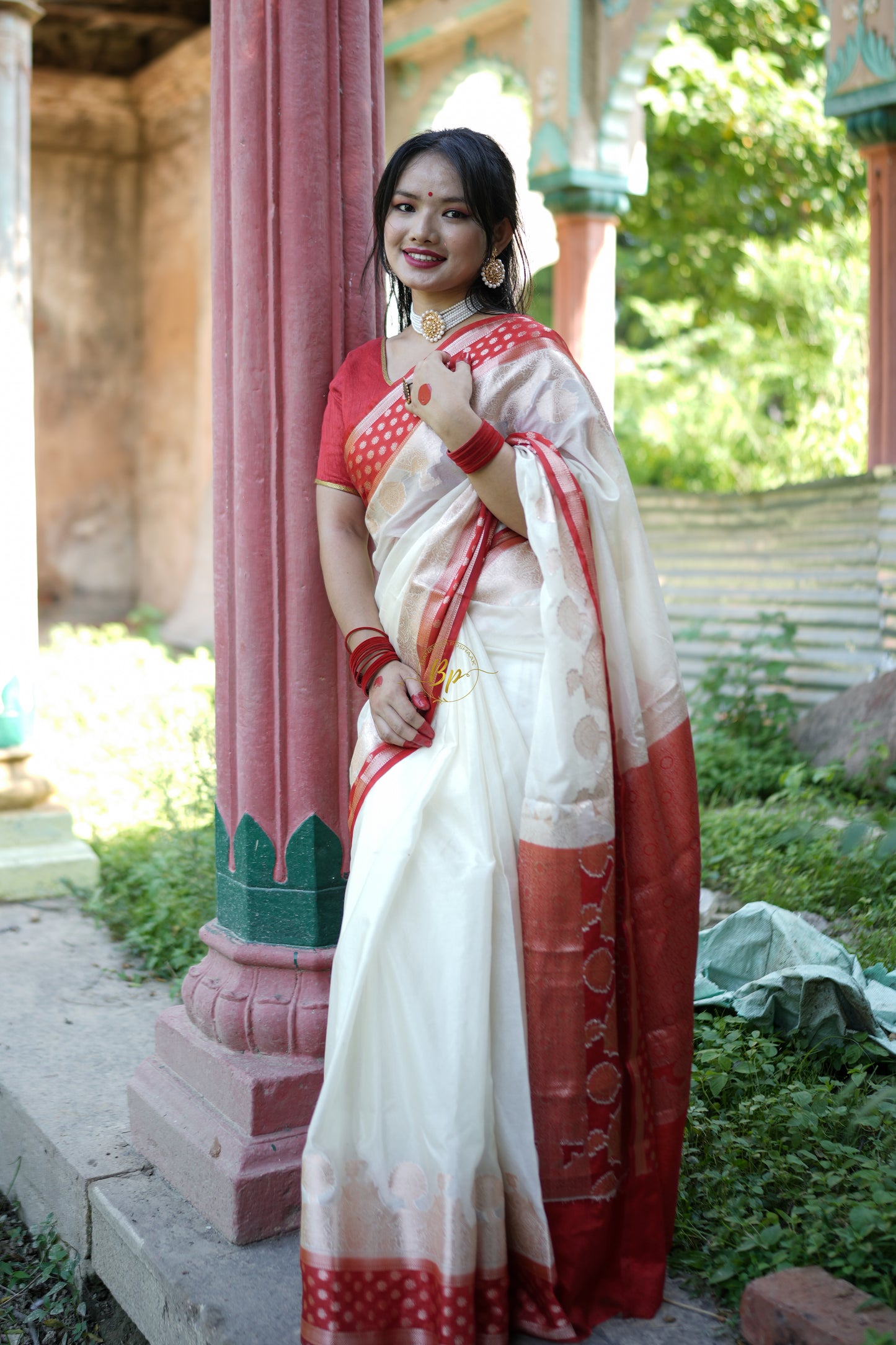 Red white handwoven banarasi saree with silver zari weaving