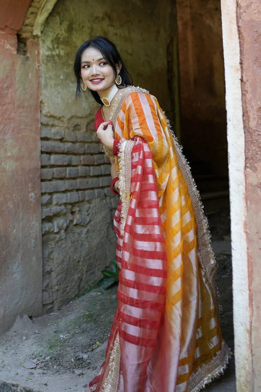 Dual colour handwoven plane tissue saree with gota patti