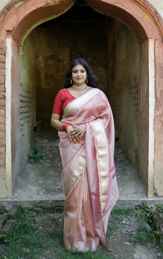 Intricate handwoven light pastel pink banarasi plane tissue silk saree