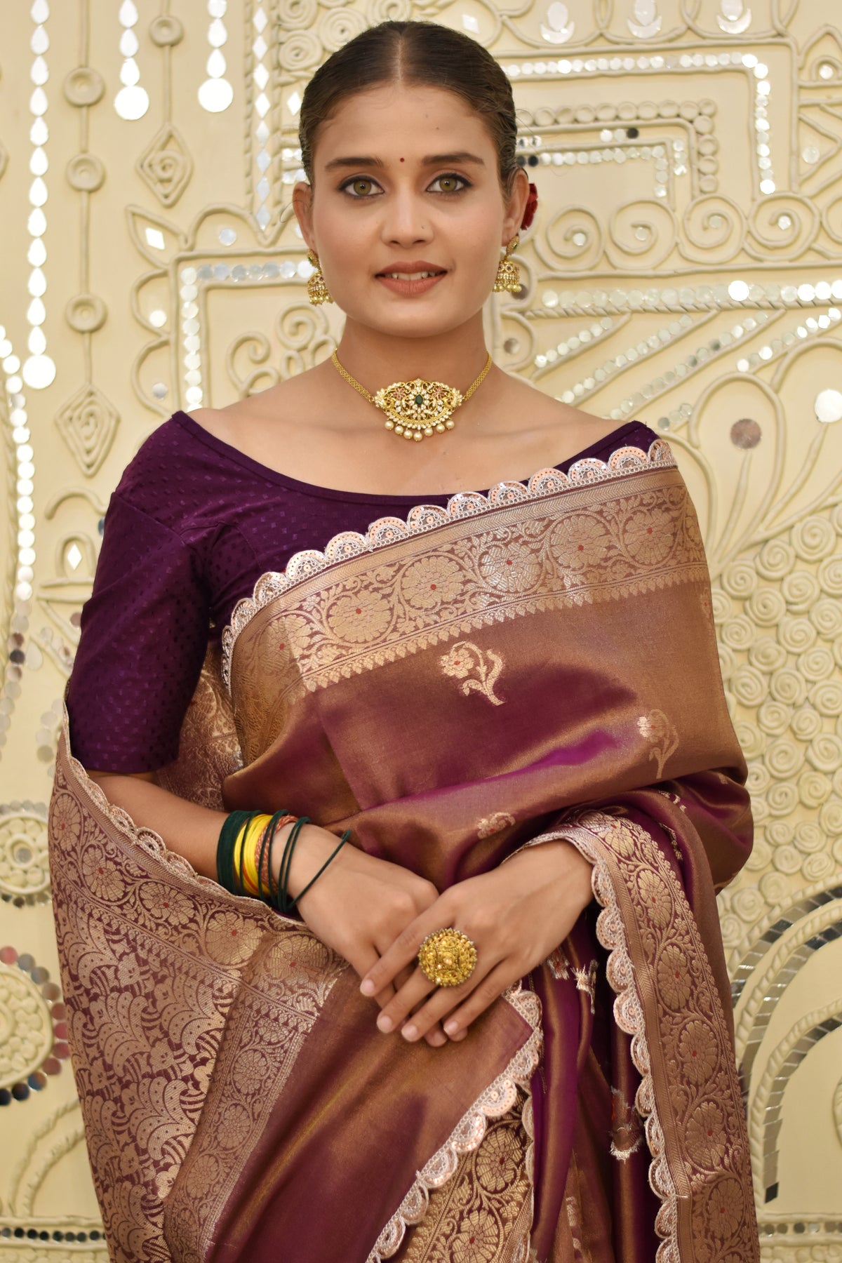 Banarasee Handloom Tissue Saree With Buta Design Zari Border & Lace- Coffee