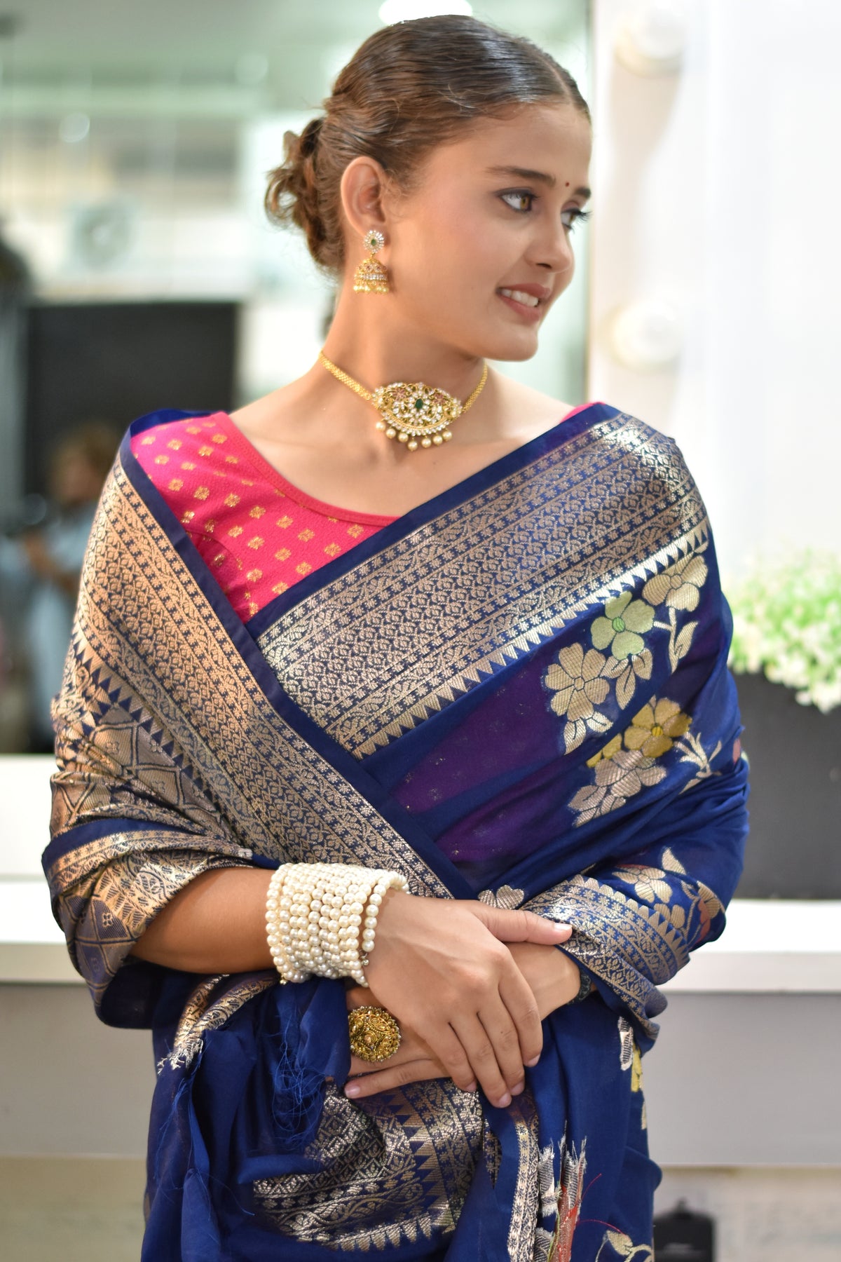 Banarasi chiffon saree with floral zari weaving and beautiful border- Midnight blue