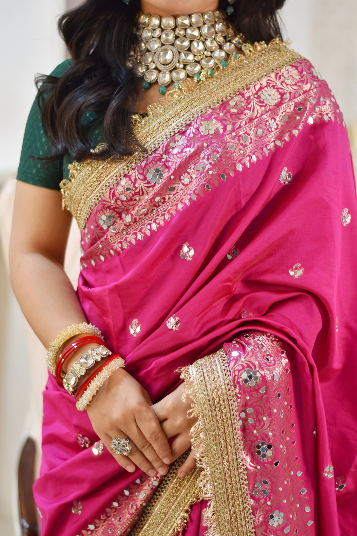 Banarasee Soft Silk Saree With Handwork Pearl Motifs & Mirror Work- Rani