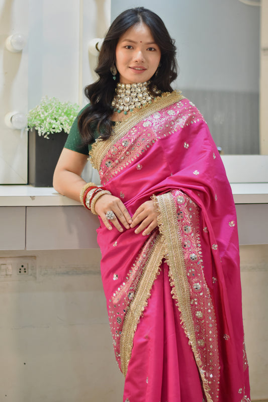 Banarasee Soft Silk Saree With Handwork Pearl Motifs & Mirror Work- Rani