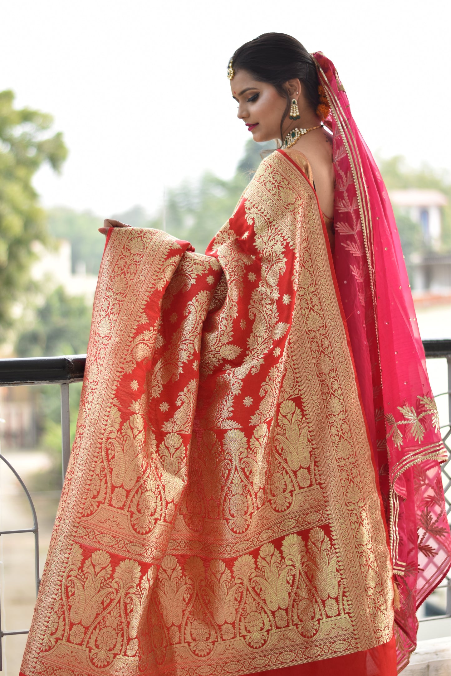 Beautiful handwoven red banarasi silk saree with golden zari work all over the saree