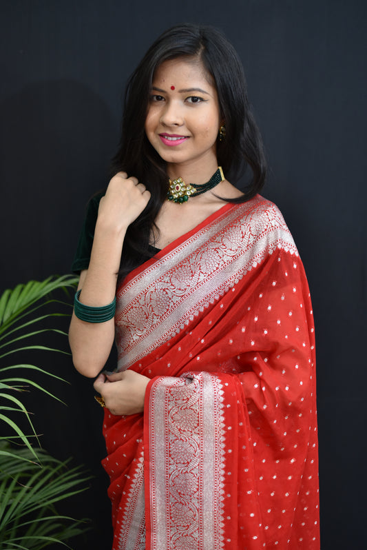 Handwoven banarasi semi chiffon saree with silver zari weaving