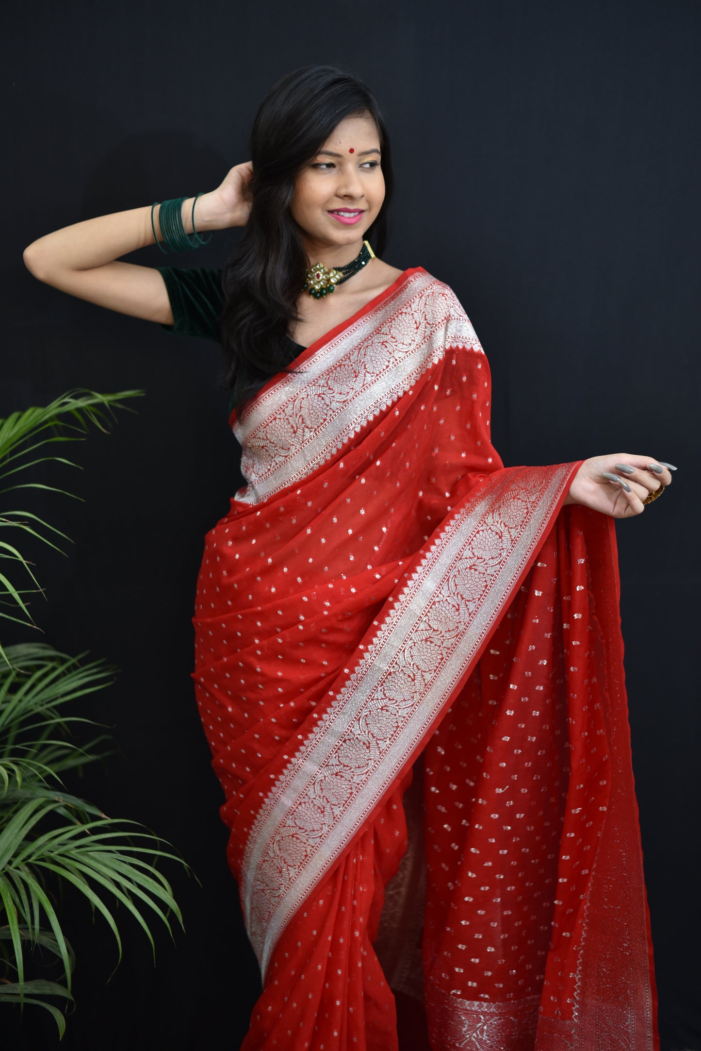 Handwoven banarasi semi chiffon saree with silver zari weaving