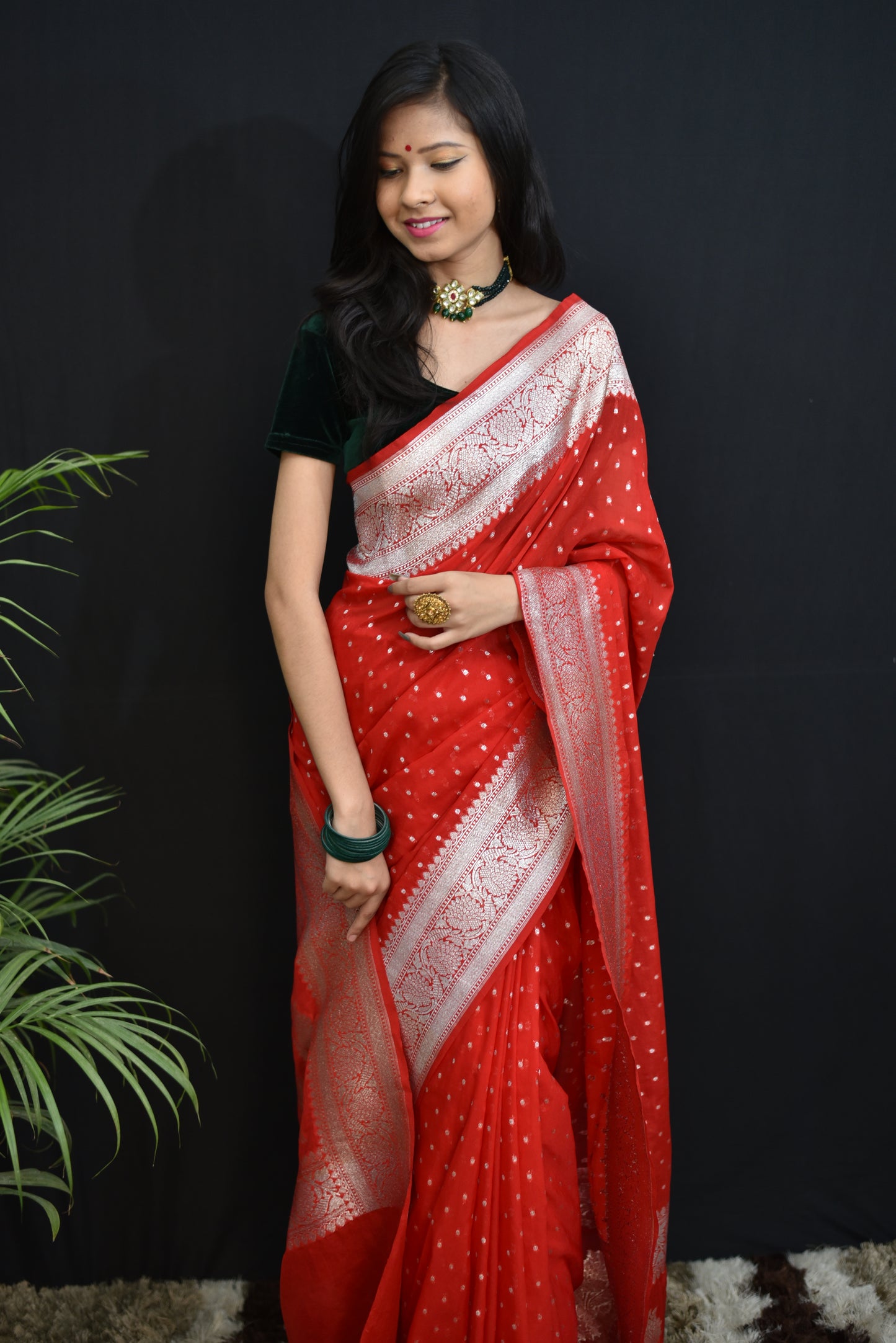 Handwoven banarasi semi chiffon saree with silver zari weaving