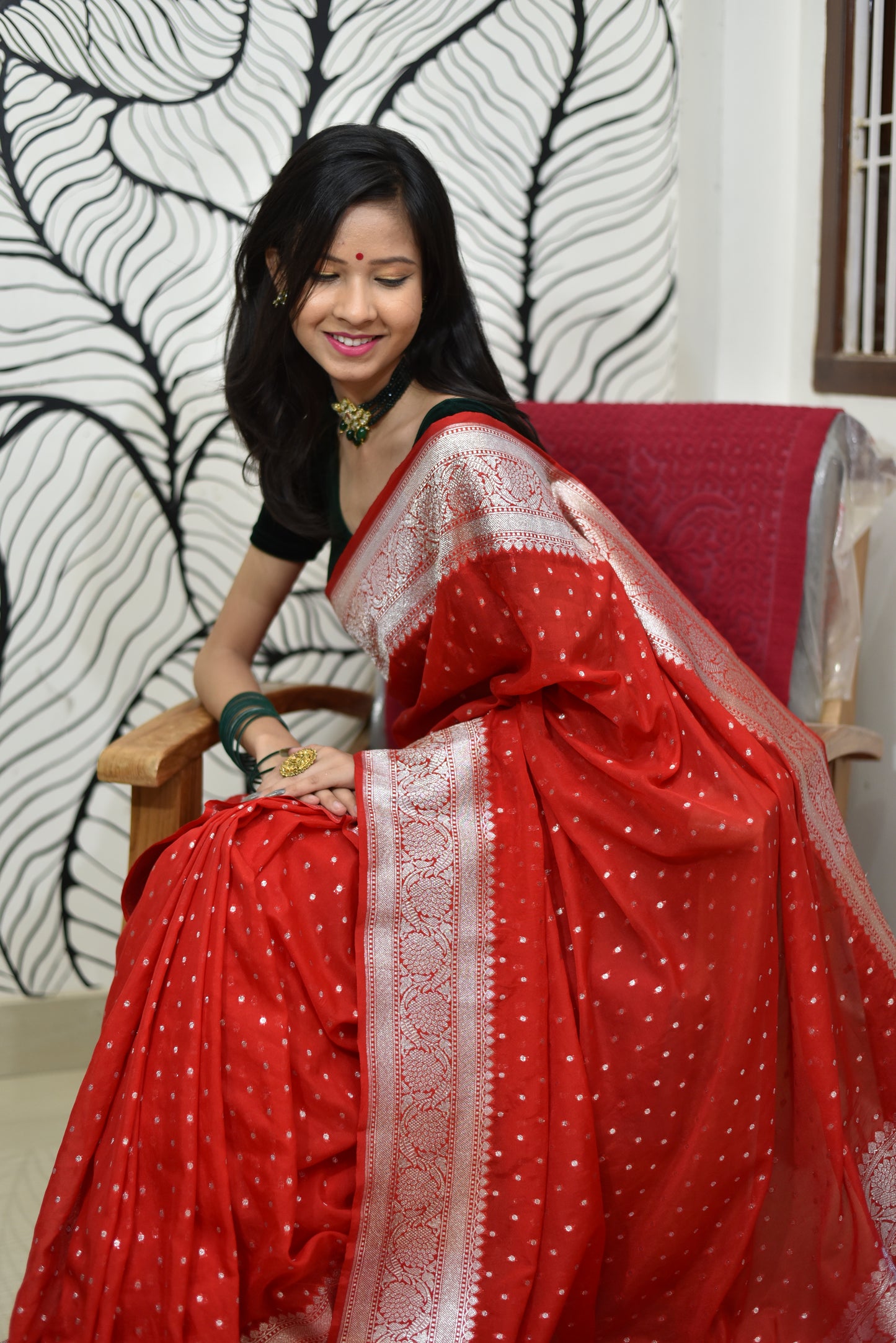 Handwoven banarasi semi chiffon saree with silver zari weaving