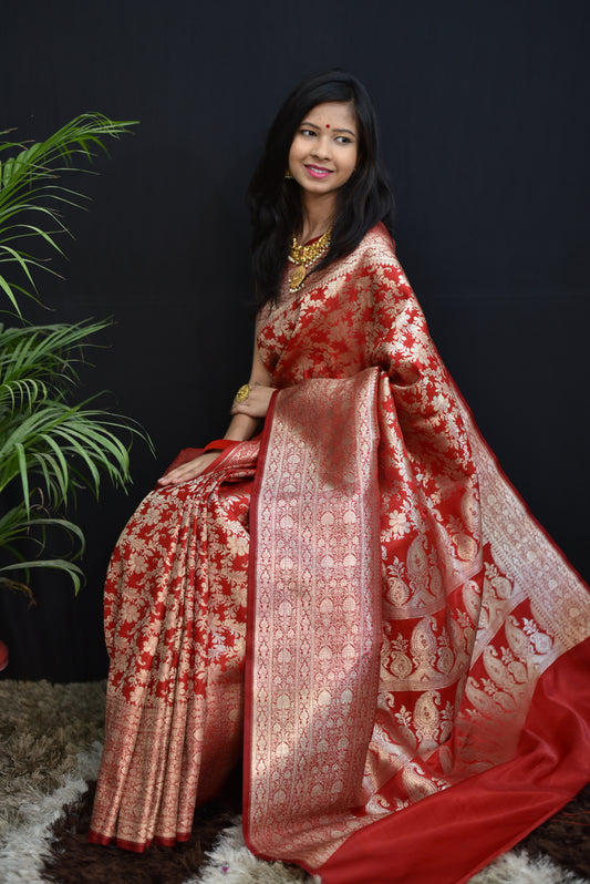 Red banarasi silk saree with golden zari weaving