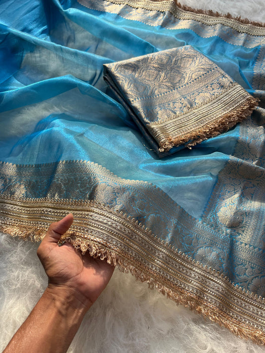 Banarasi handwoven peacock blue plane tissue silk saree with gota patti work