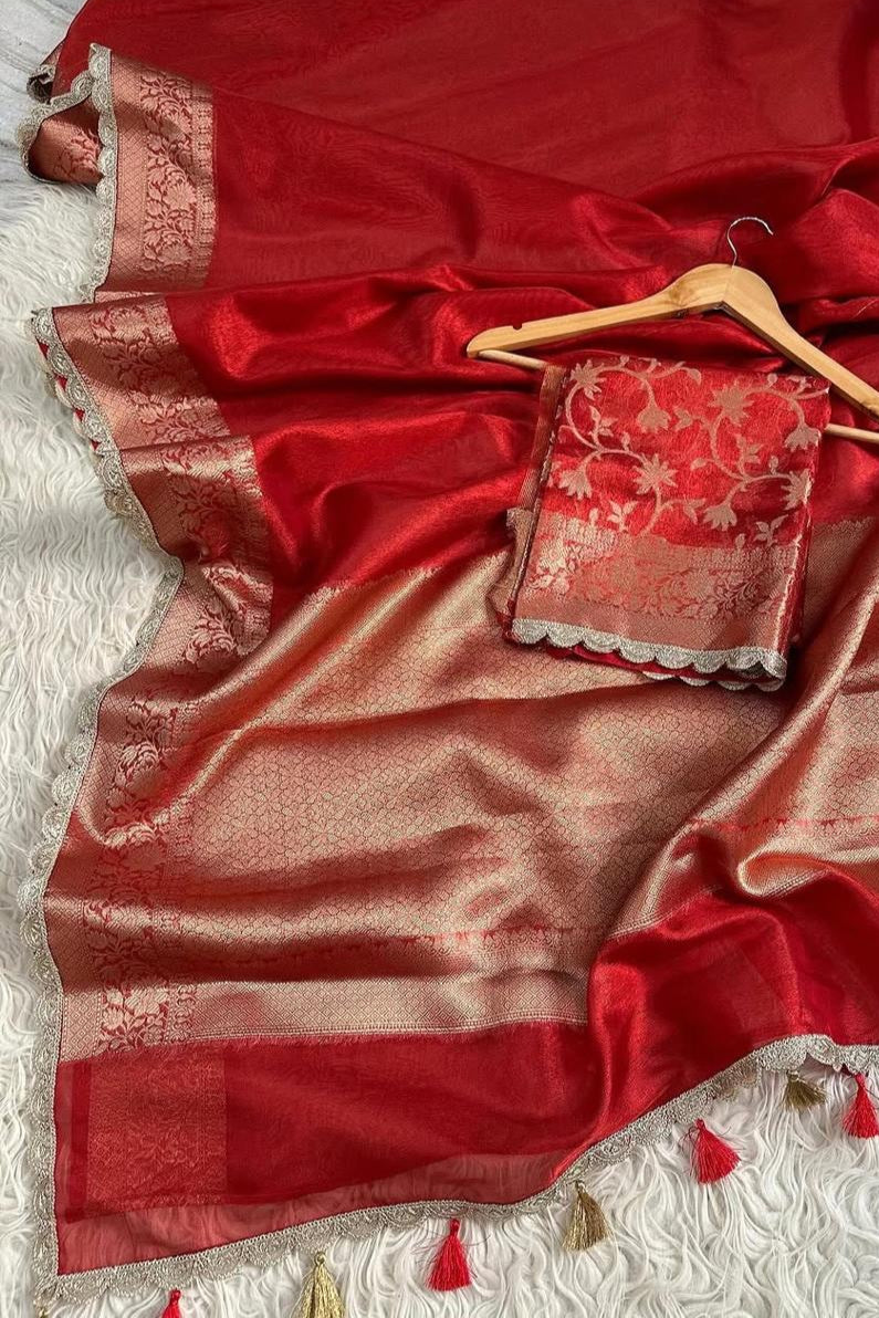 Banarasi handwoven plane tissue saree with silver zari border and lace
