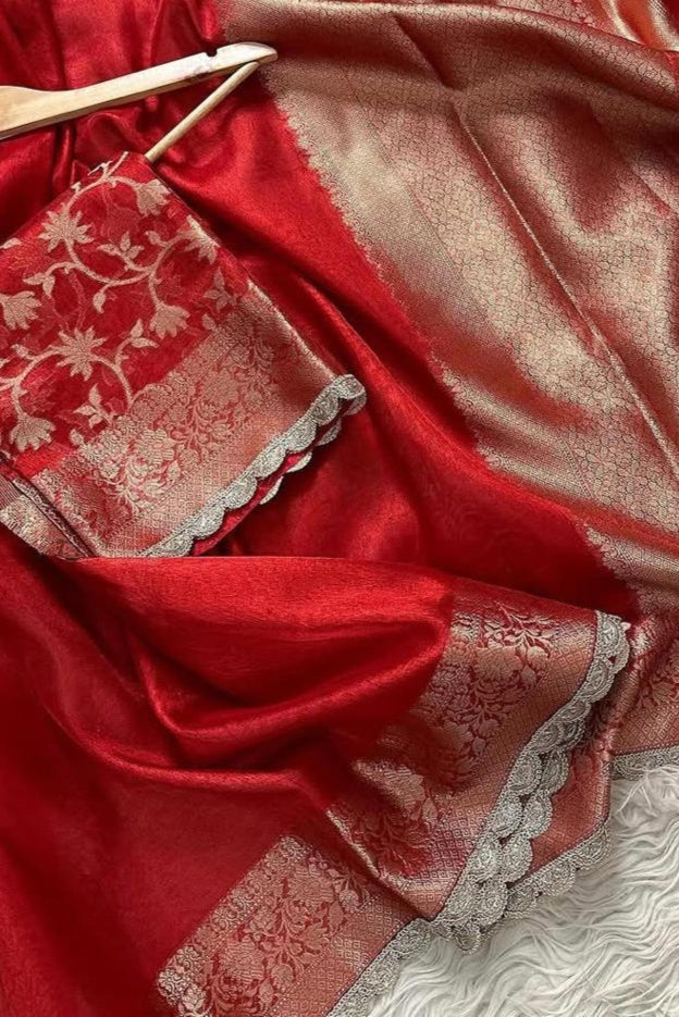 Banarasi handwoven plane tissue saree with silver zari border and lace