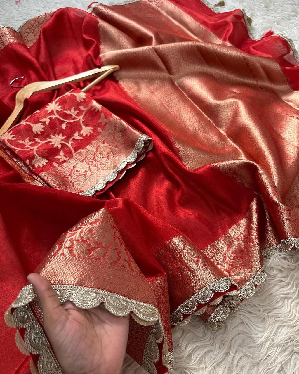 Banarasi handwoven plane tissue saree with silver zari border and lace