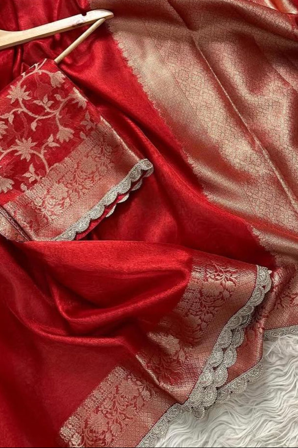 Banarasi handwoven plane tissue saree with silver zari border and lace