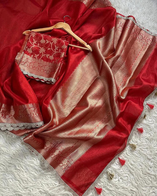 Banarasi handwoven plane tissue saree with silver zari border and lace