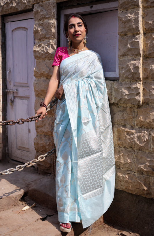 Hand woven banarasi powder blue banarasi silk saree with silver zari weaving
