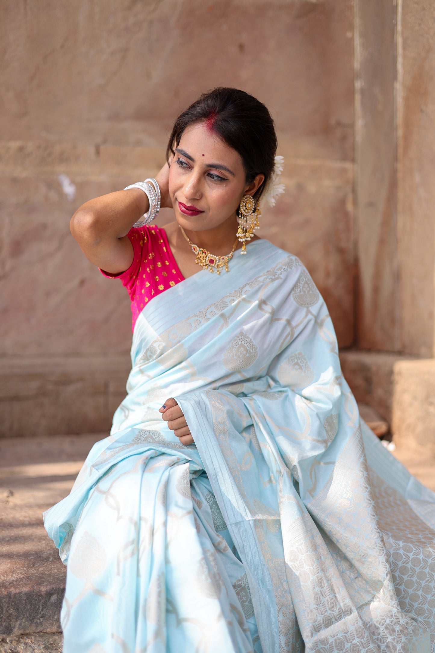 Hand woven banarasi powder blue banarasi silk saree with silver zari weaving