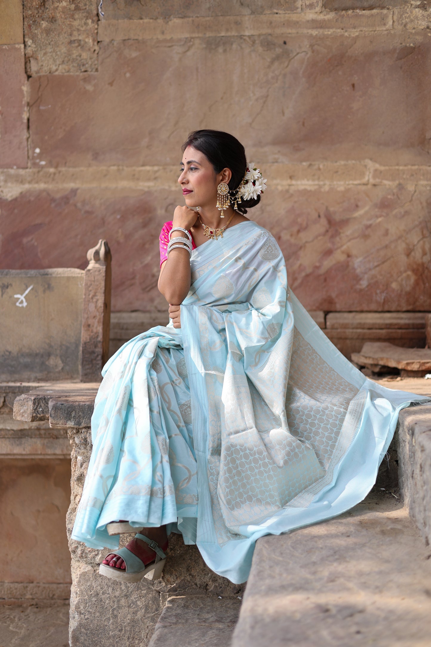 Hand woven banarasi powder blue banarasi silk saree with silver zari weaving