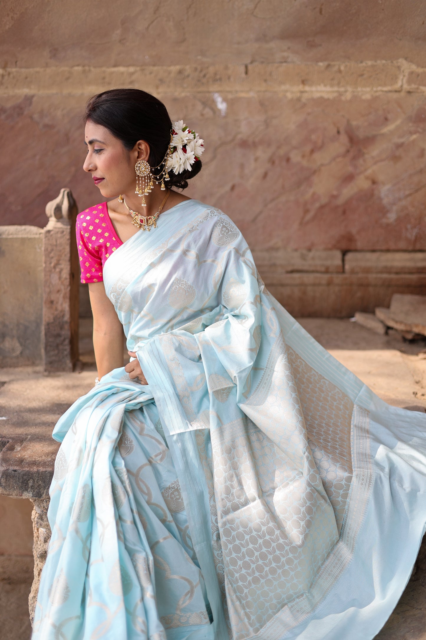 Hand woven banarasi powder blue banarasi silk saree with silver zari weaving