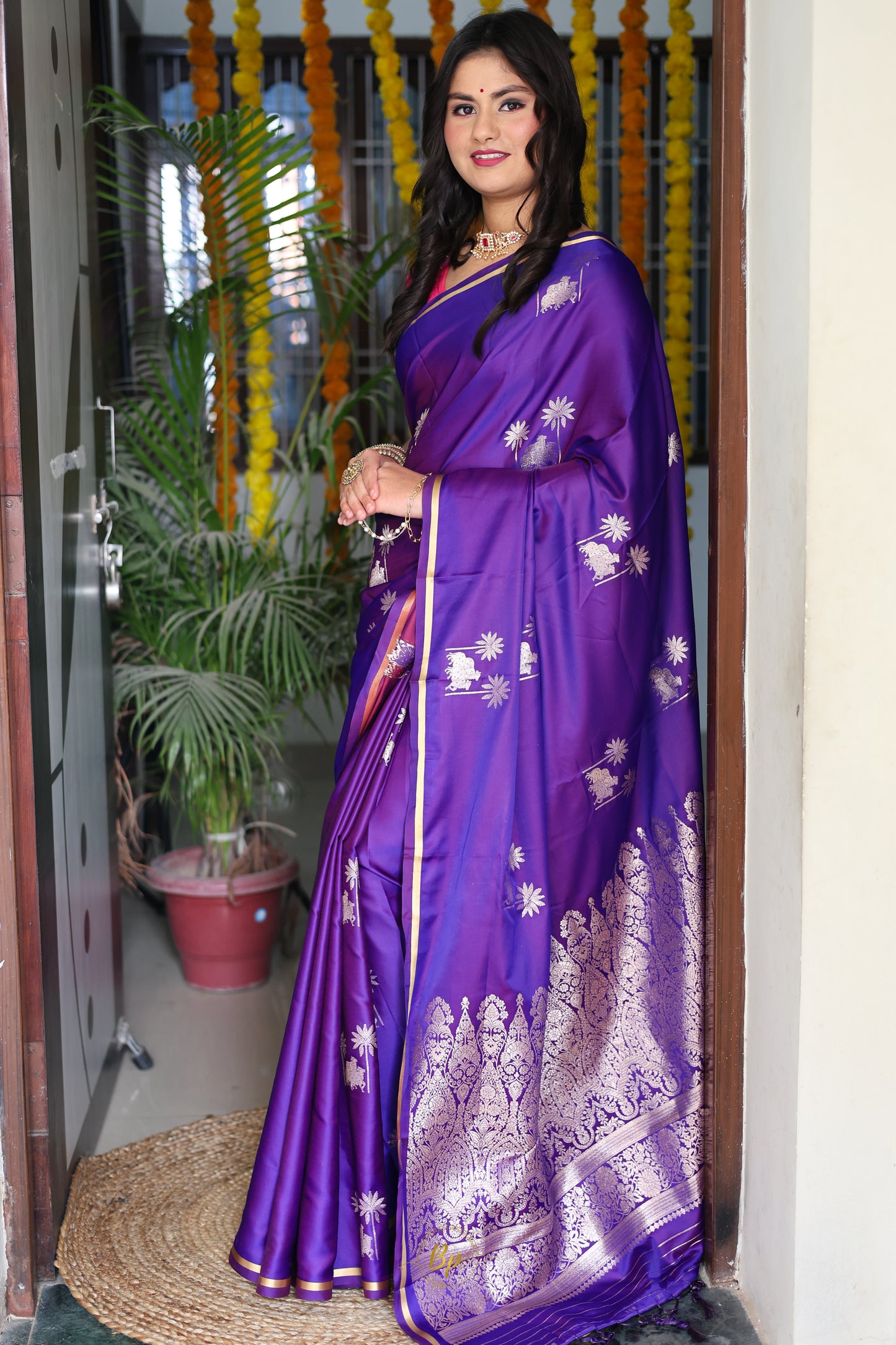 BP-02 Purple satin saree with pitchwai silver zari weaving