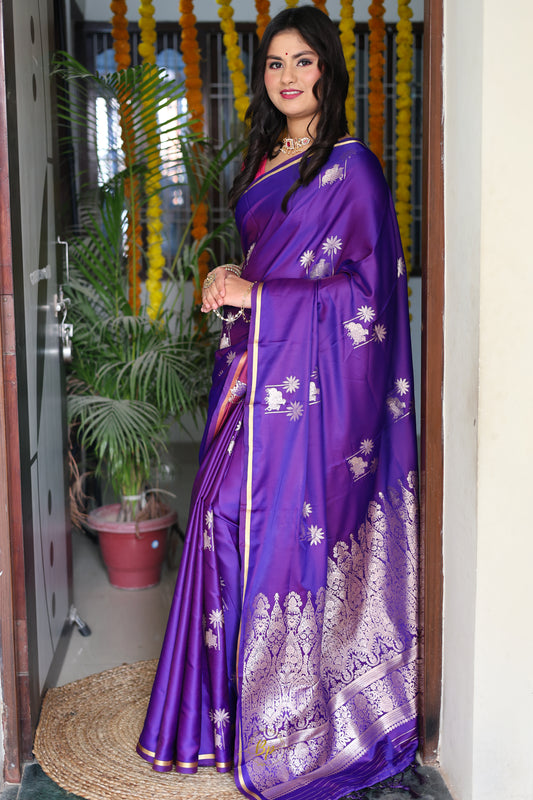 Purple silk saree with pitchwai silver zari weaving