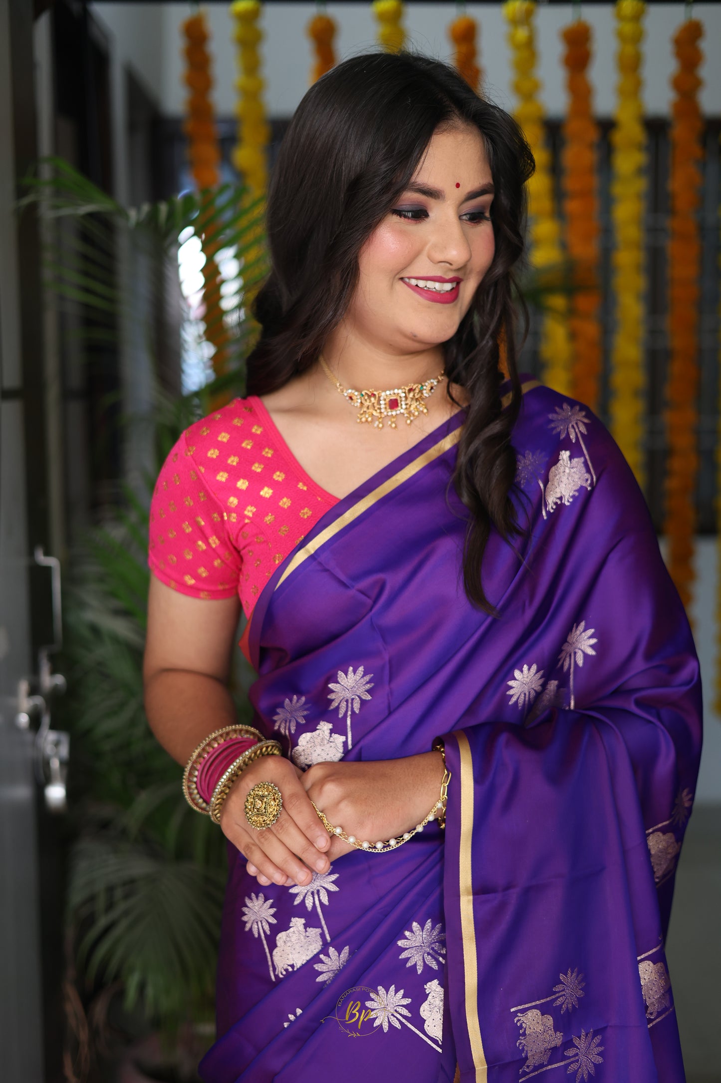 BP-02 Purple satin saree with pitchwai silver zari weaving