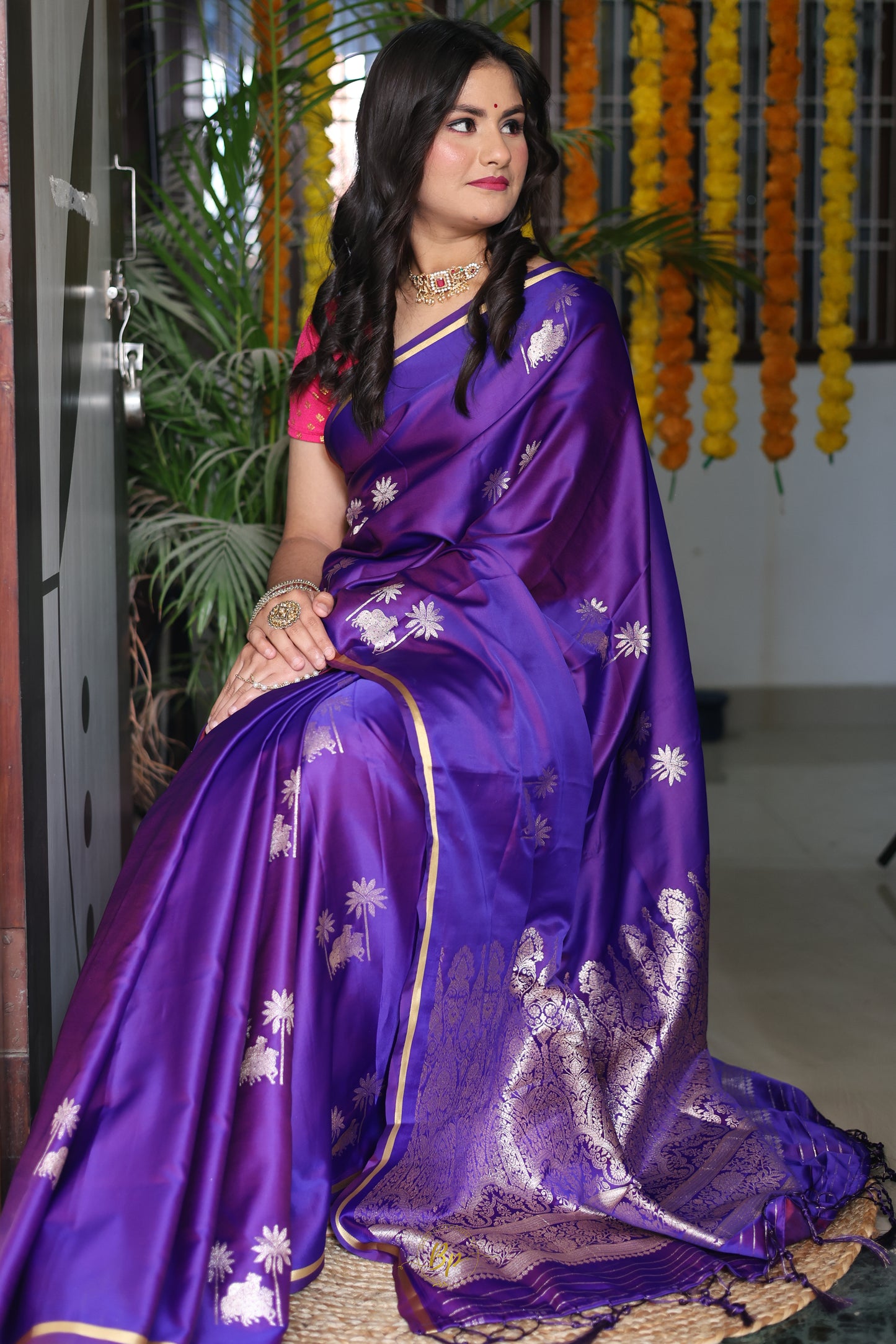 BP-02 Purple satin saree with pitchwai silver zari weaving