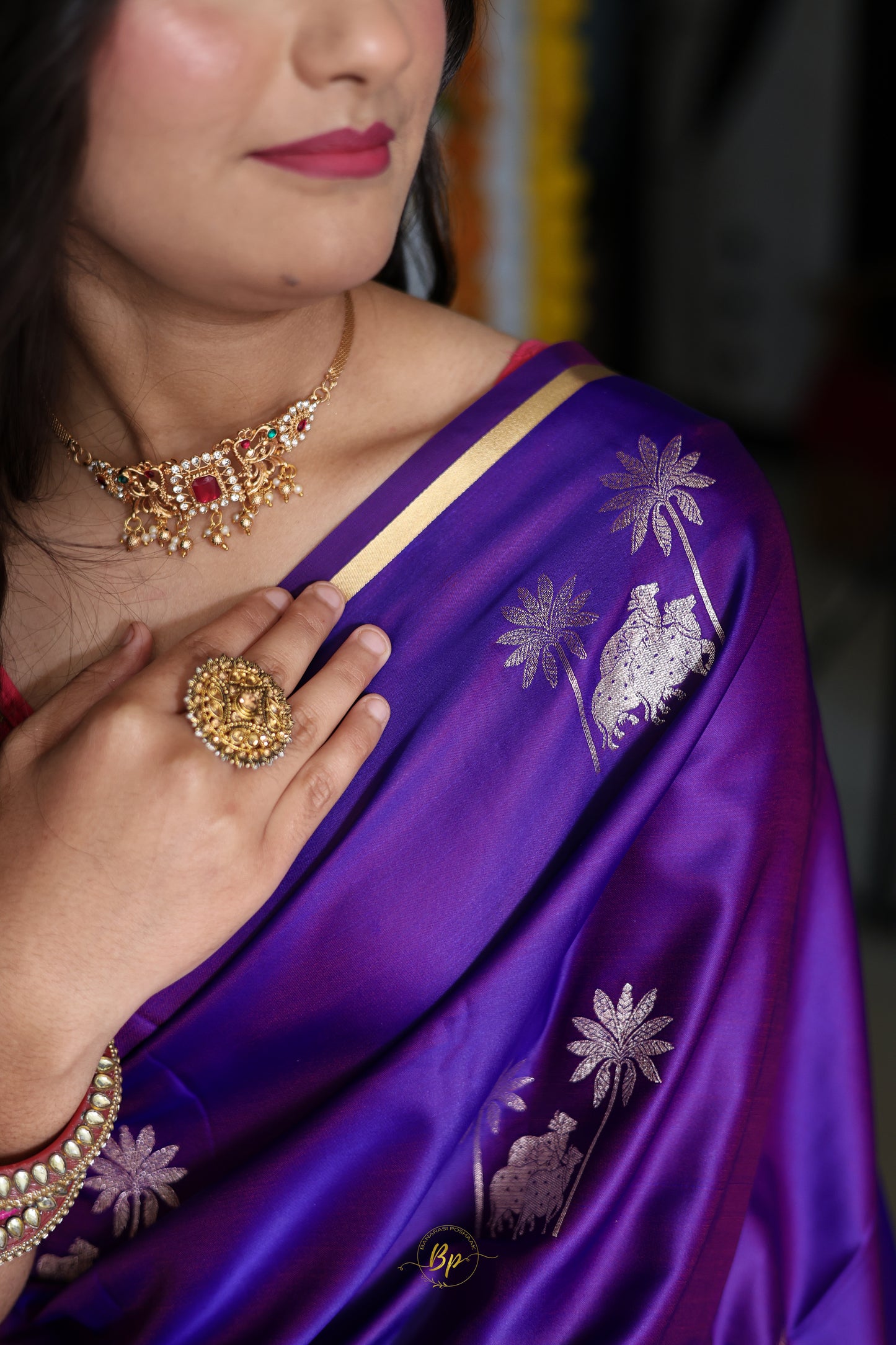 BP-02 Purple satin saree with pitchwai silver zari weaving