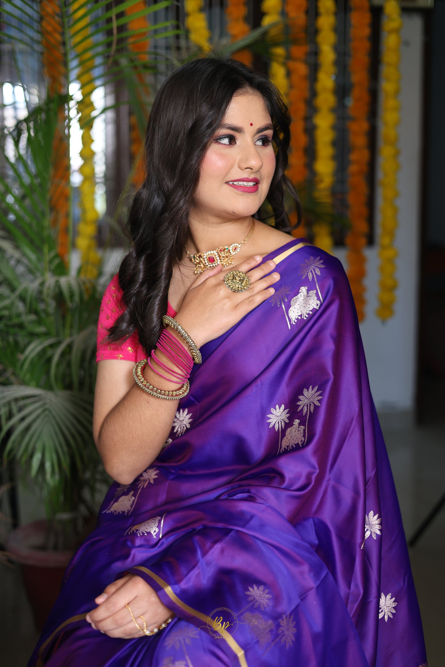 BP-02 Purple satin saree with pitchwai silver zari weaving