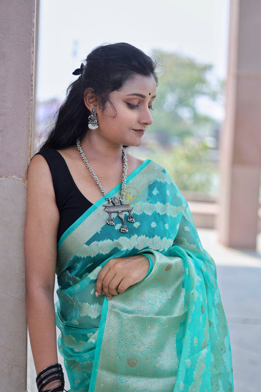 Blue handwoven banarasi organa saree with golden zari weaving