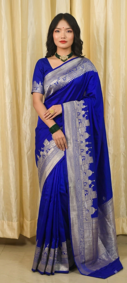 Banarasi Plain Semi Silk Saree With Ganga Ghat Weaving-Royal blue