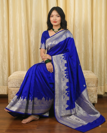 Banarasi Plain Semi Silk Saree With Ganga Ghat Weaving-Royal blue