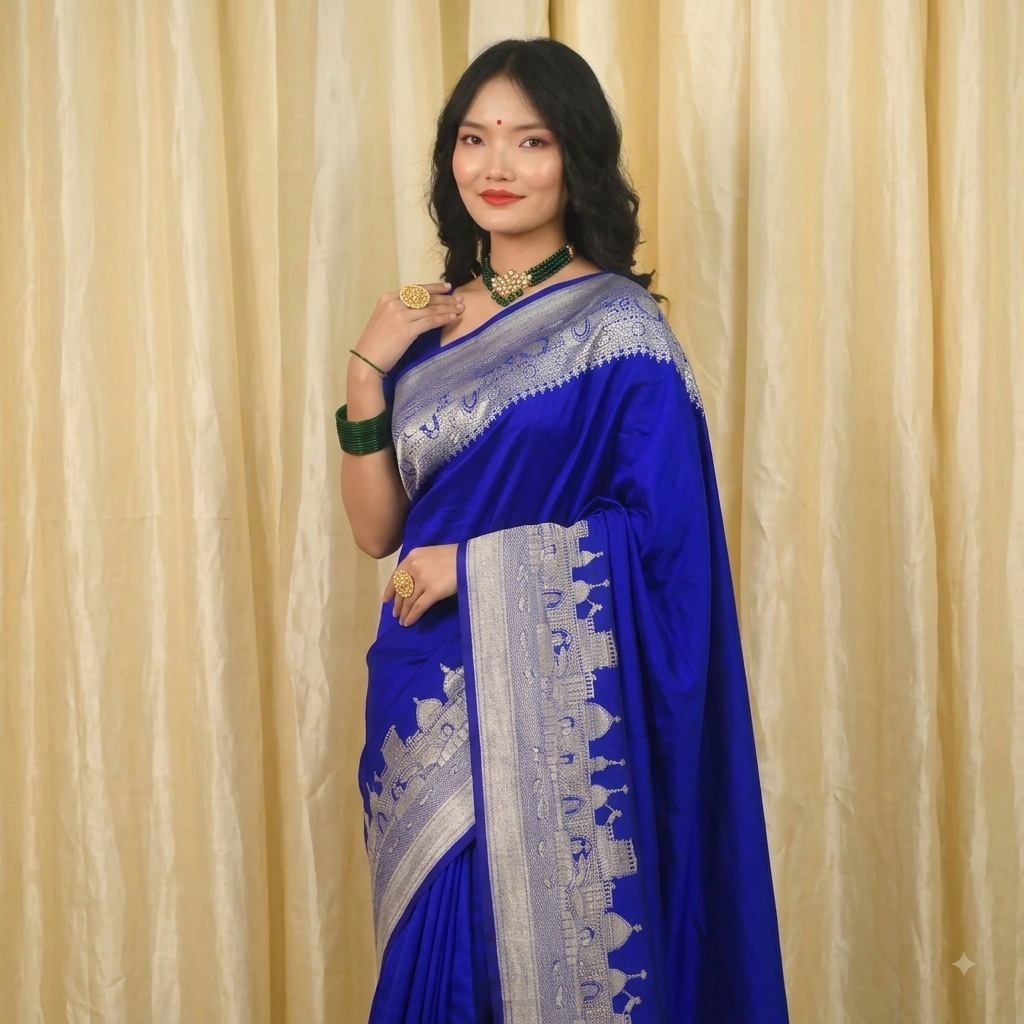 Banarasi Plain Semi Silk Saree With Ganga Ghat Weaving-Royal blue