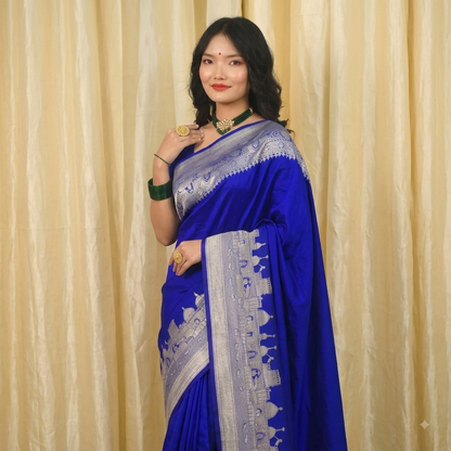 Banarasi Plain Semi Silk Saree With Ganga Ghat Weaving-Royal blue