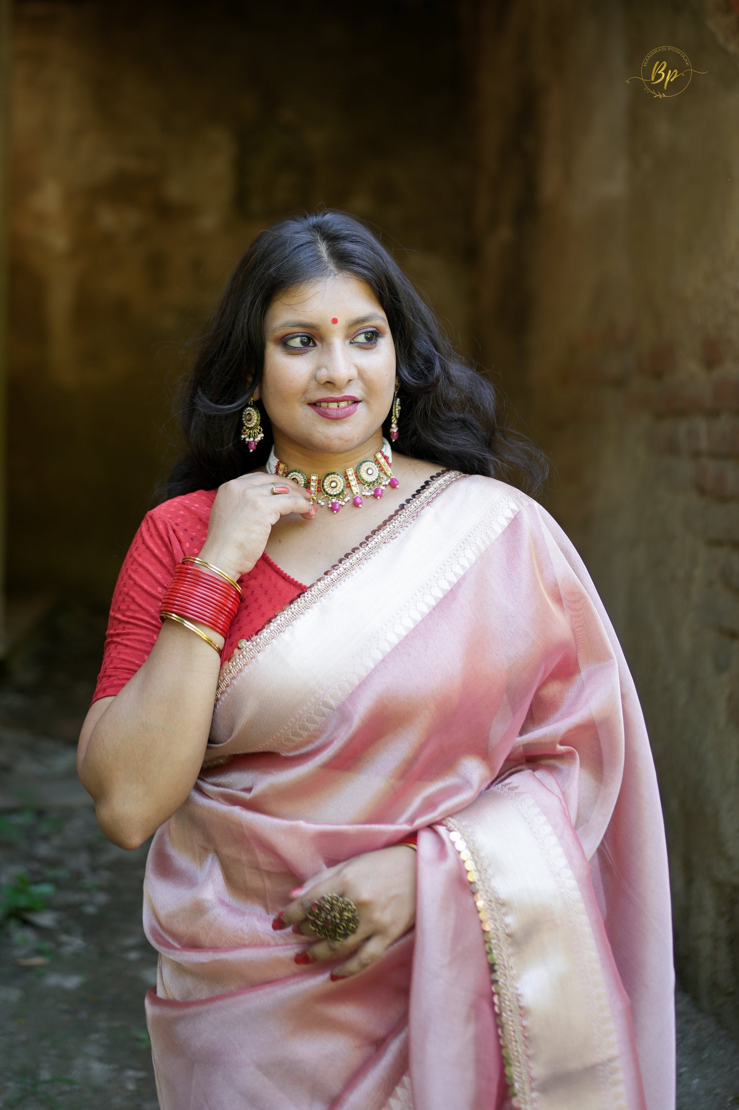 Intricate handwoven light pastel pink banarasi plane tissue silk saree
