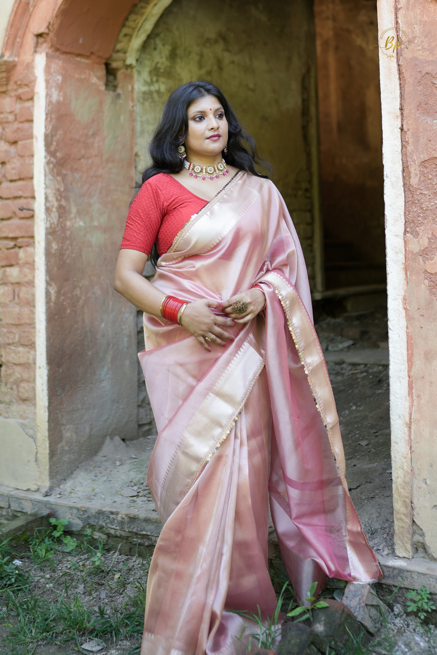 Intricate handwoven light pastel pink banarasi plane tissue silk saree