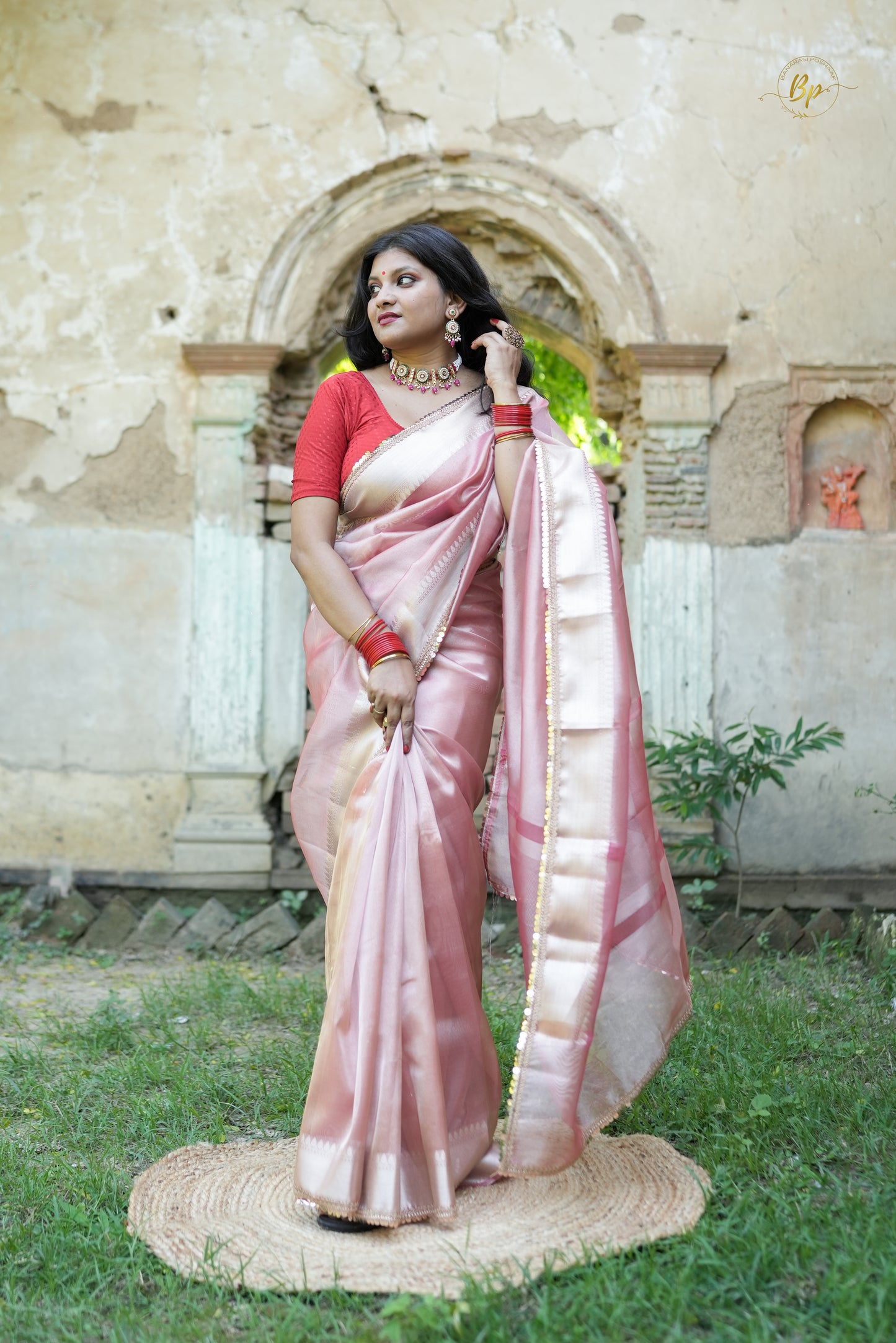 Intricate handwoven light pastel pink banarasi plane tissue silk saree