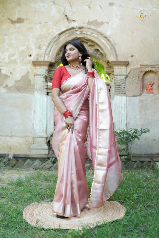 Intricate handwoven light pastel pink banarasi plane tissue silk saree
